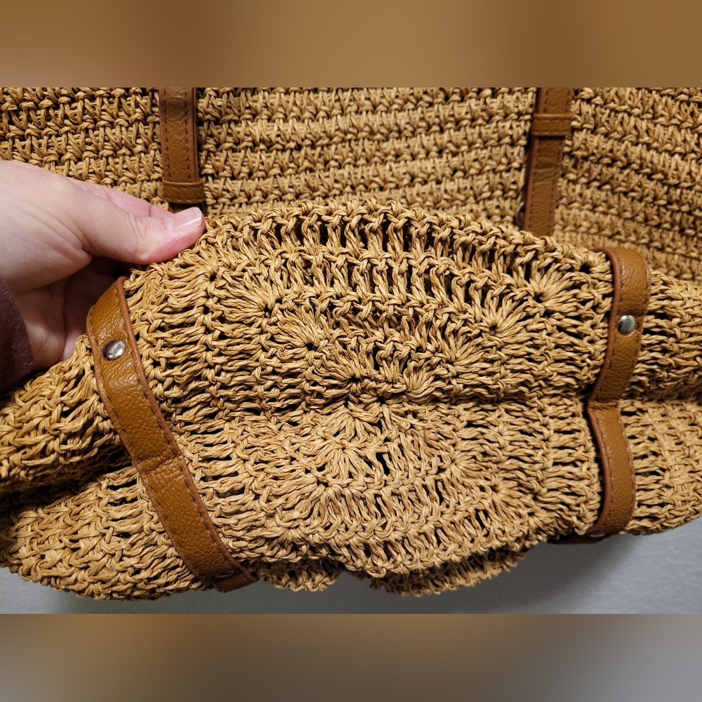 Packable Woven Straw Tote Bag with Brown Straps - Picture 5 of 9